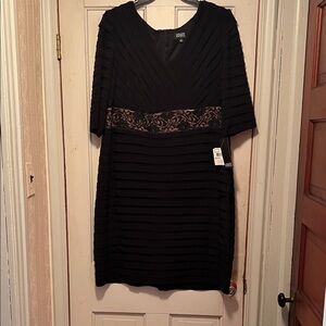 Adrianna Papell Black Midi Dress with Textured Stripes